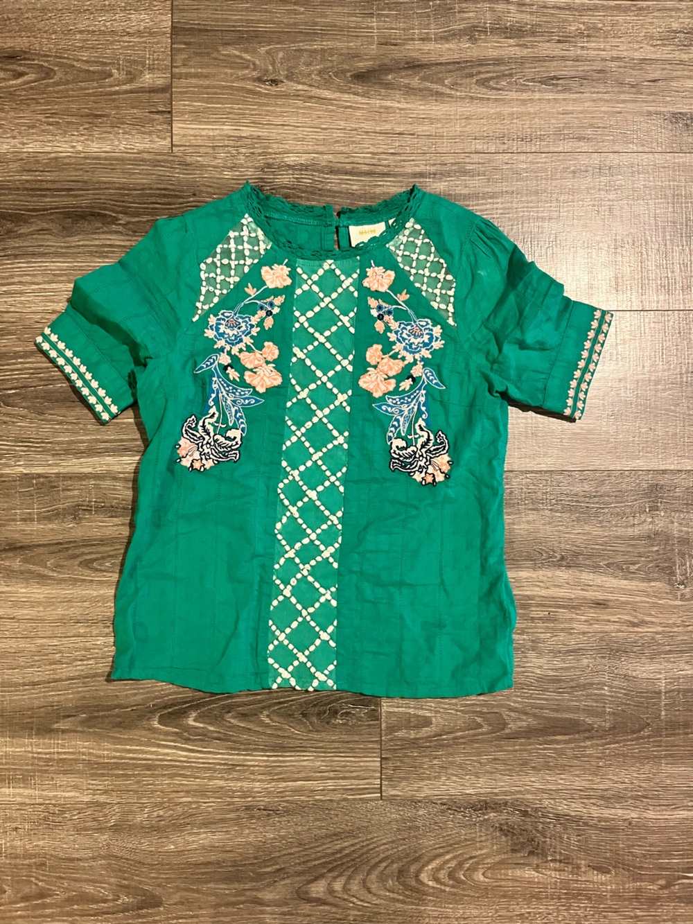 Maeve green Embroidered Tunic Top with Peach Accents